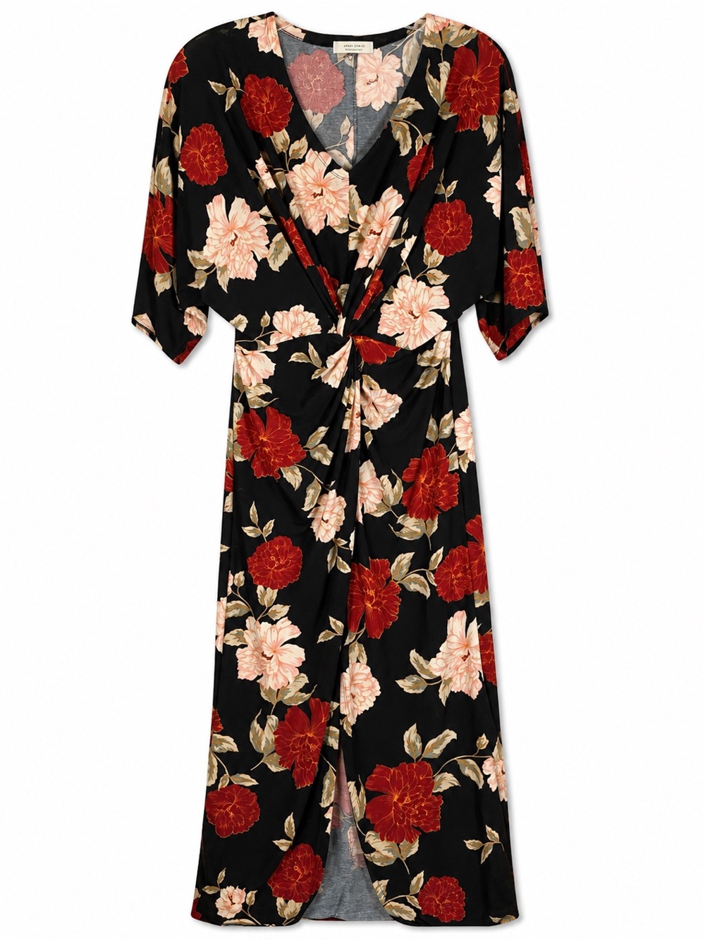 Active USA Black Floral Twist-Front High-Low Dress with Red & Cream Blooms